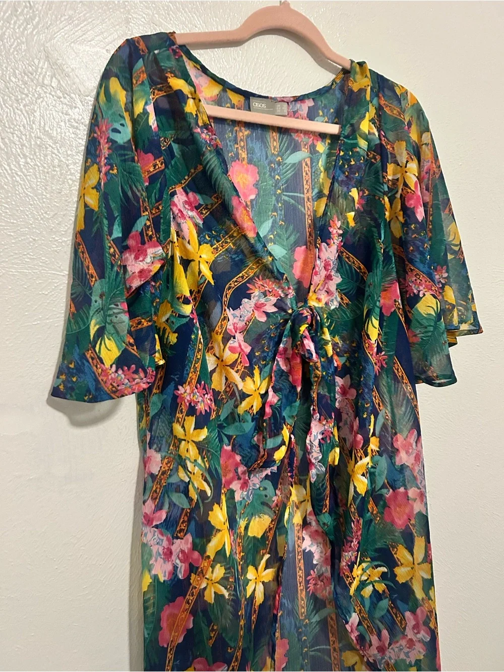 ASOS Green Sheer Floral Tie-Front Pareo dress with Pink & Yellow Blooms